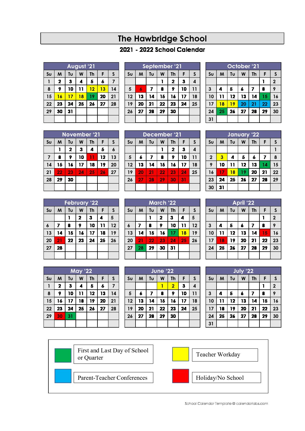 20212022 School Calendar The Hawbridge School