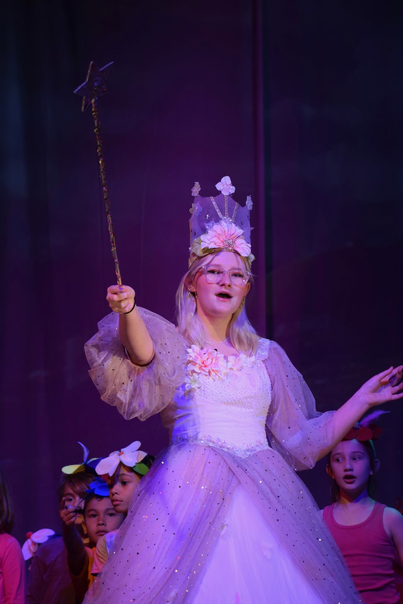 Student performing as Glinda in Hawbridge’s production of The Wizard of Oz.